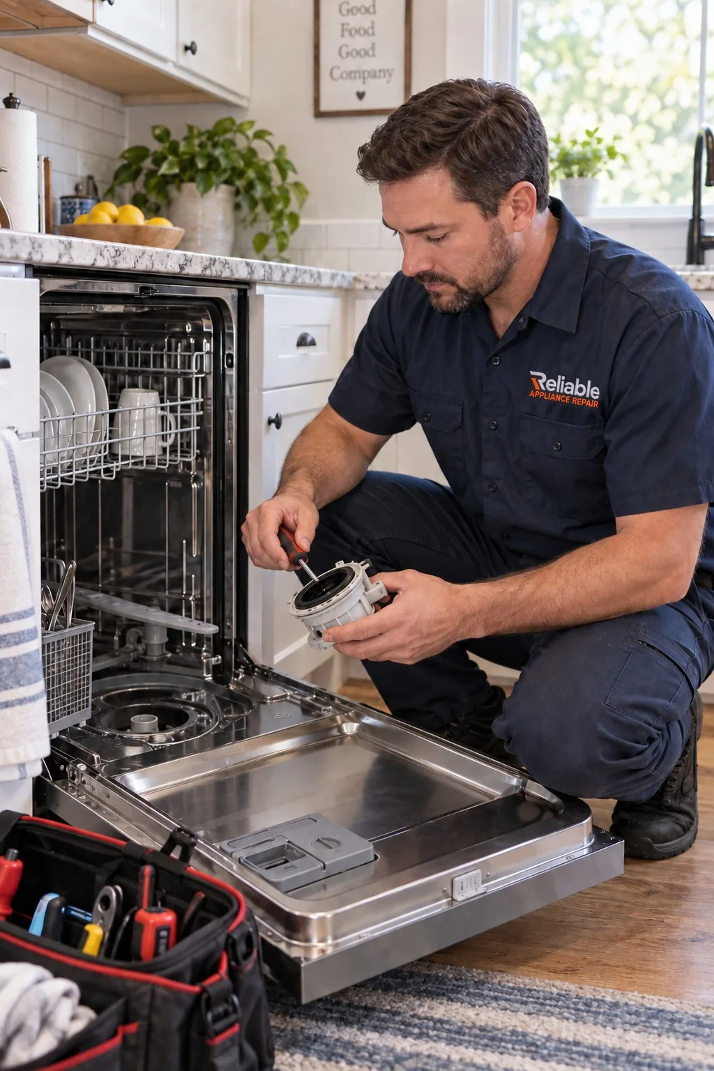 Reliable technician diagnosing a regular residential dishwasher