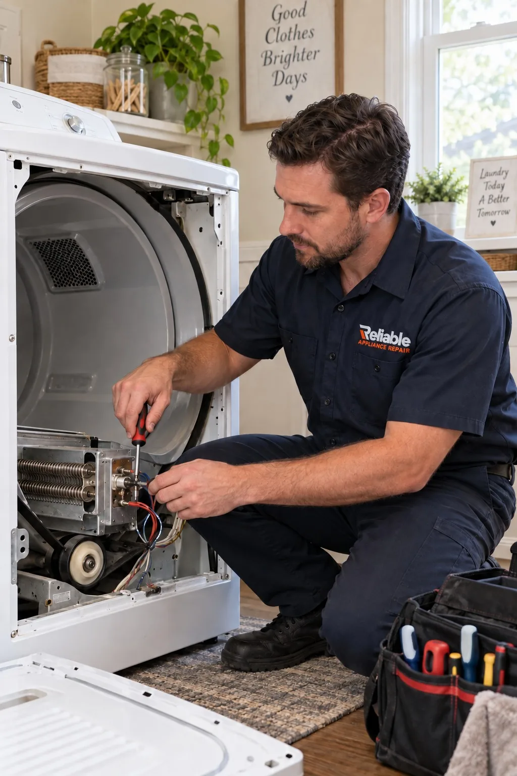 Reliable technician diagnosing a regular residential dryer