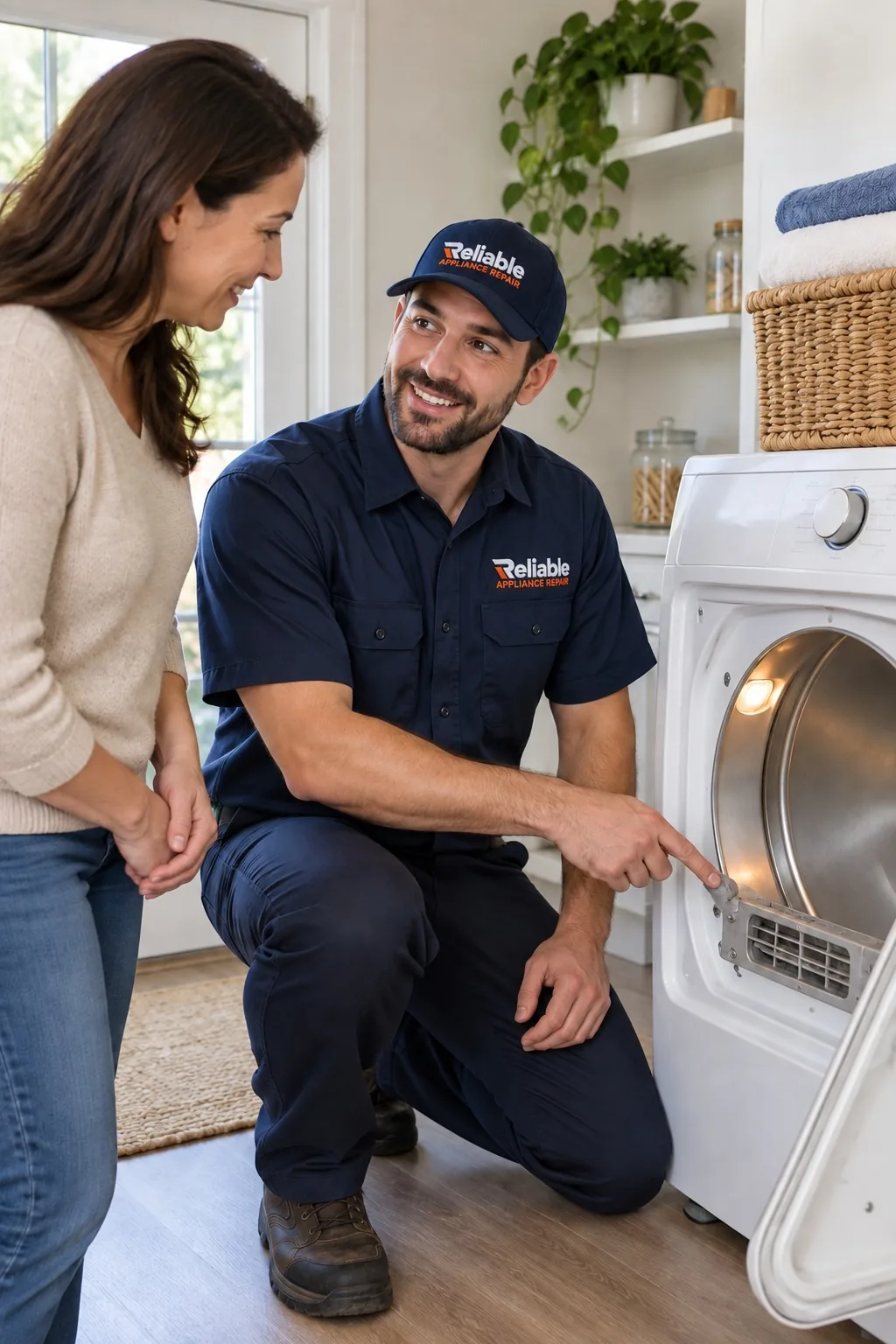 Reliable technician explaining dryer repair options to a homeowner