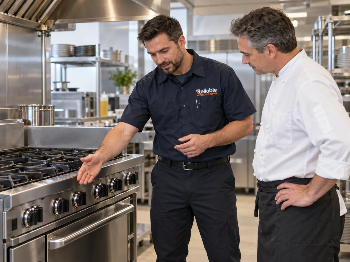 Reliable technician explaining commercial range repair options