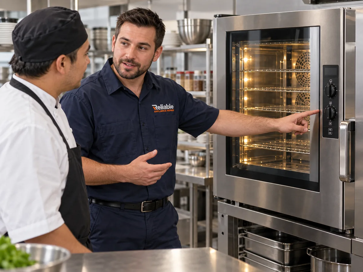 Reliable technician explaining a completed commercial convection oven repair