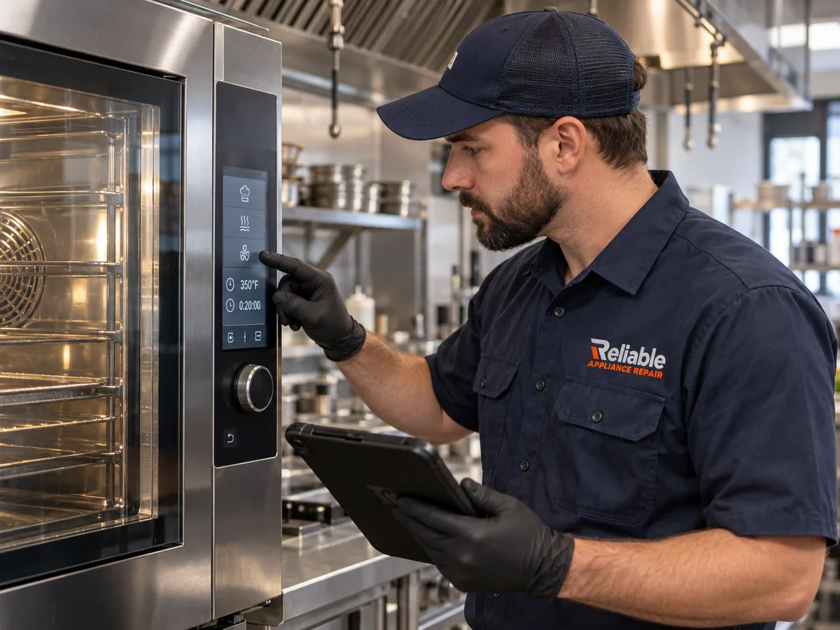 Reliable technician servicing a commercial combi oven in Atlanta