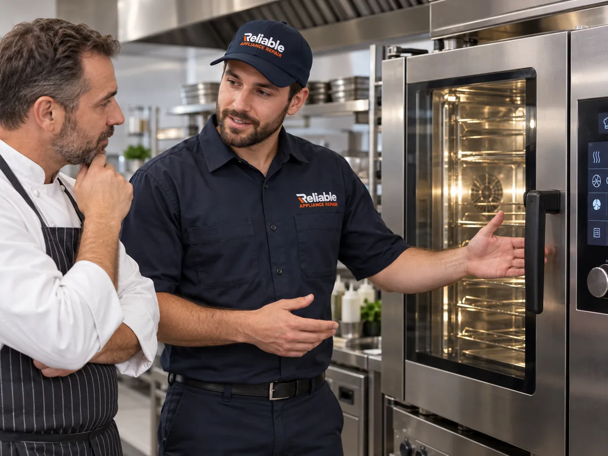 Reliable technician explaining a completed commercial combi oven repair