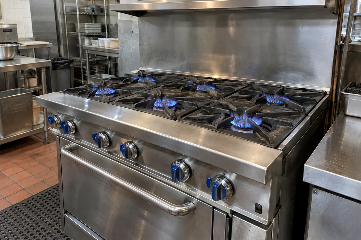 Commercial range gas flow checked after burner service in Atlanta