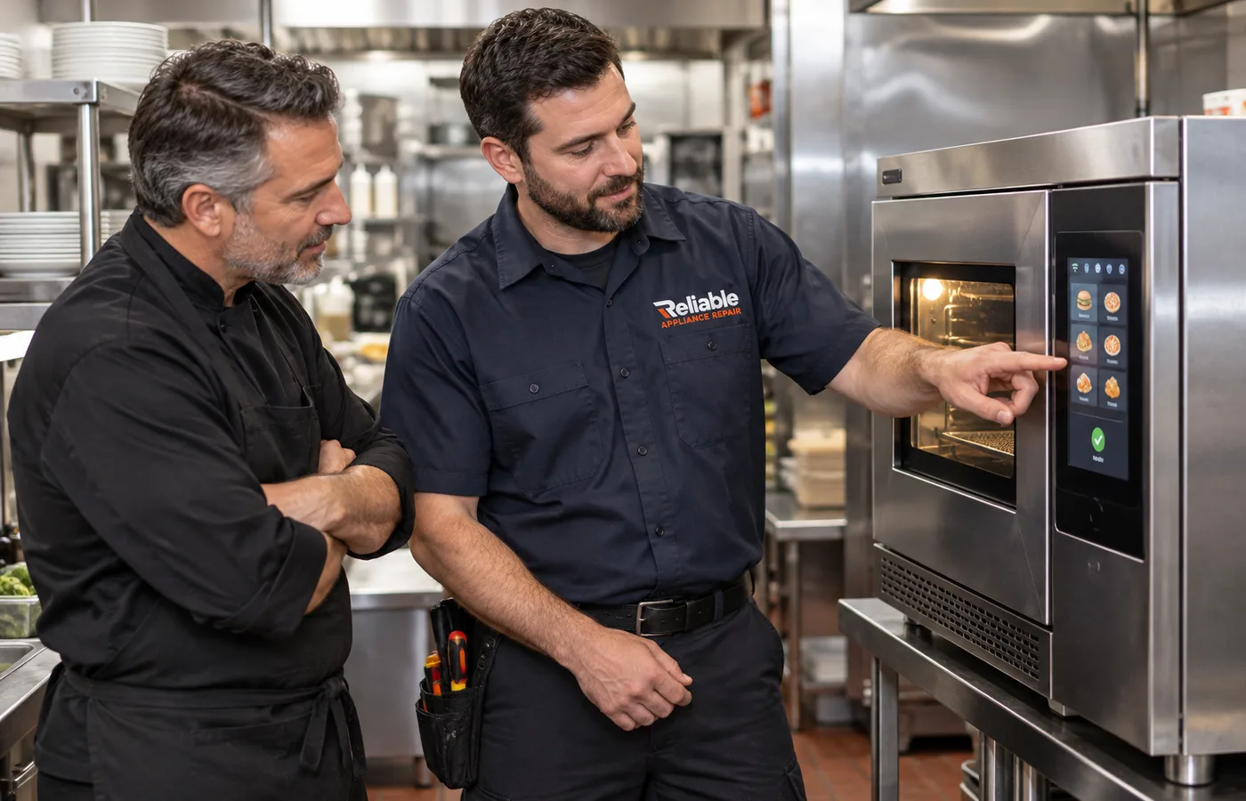 Reliable technician explaining a completed commercial high-speed oven repair