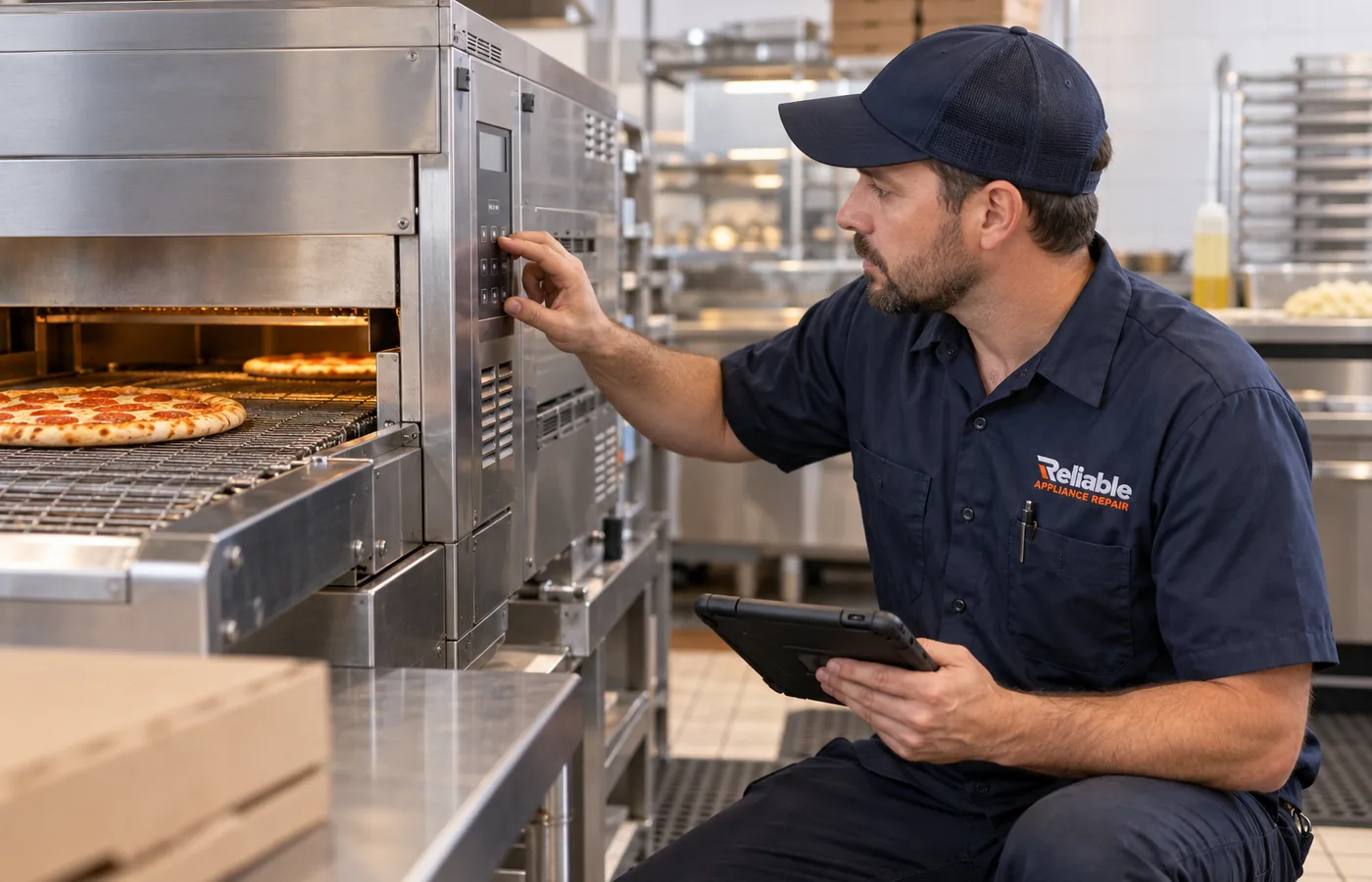 Reliable technician servicing a commercial conveyor oven in Atlanta
