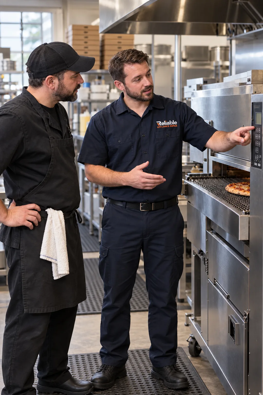Reliable technician explaining a completed commercial conveyor oven repair