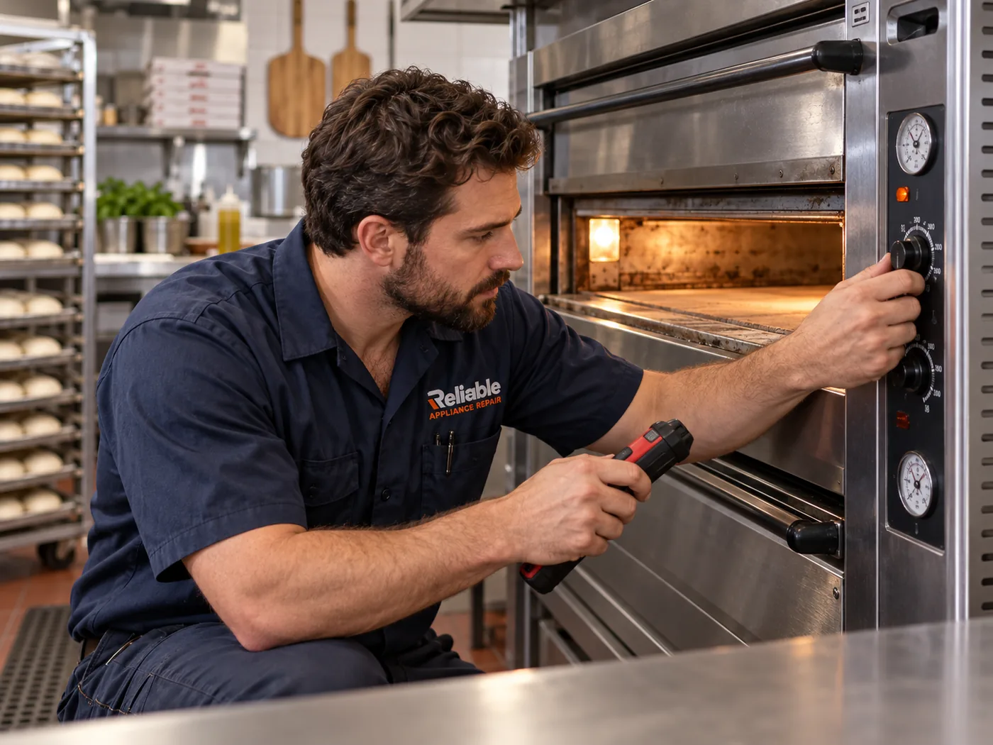 Reliable technician servicing a commercial deck oven in Atlanta