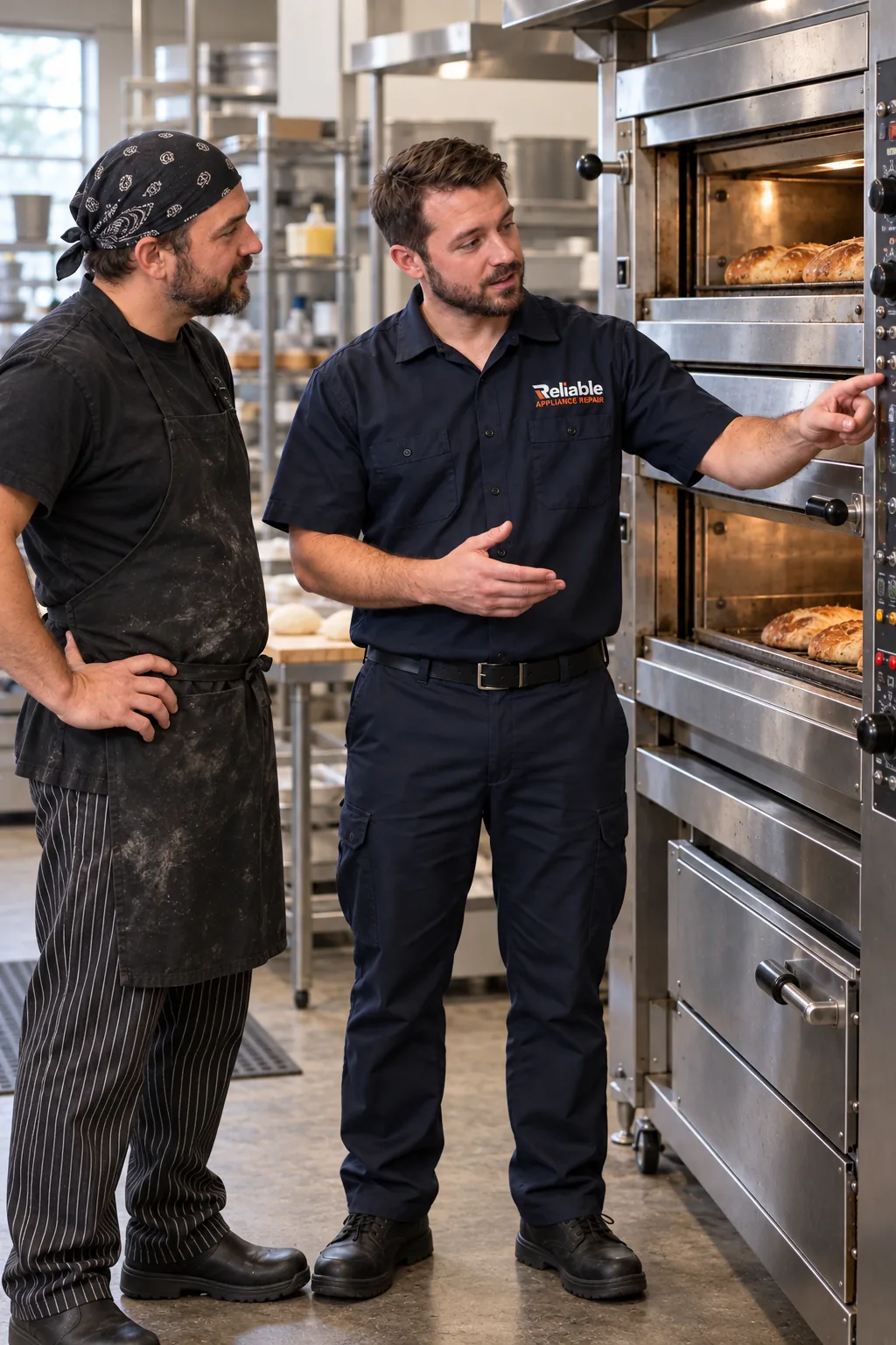 Reliable technician explaining a completed commercial deck oven repair