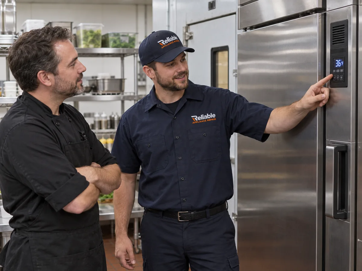 Reliable technician explaining a completed commercial refrigeration repair