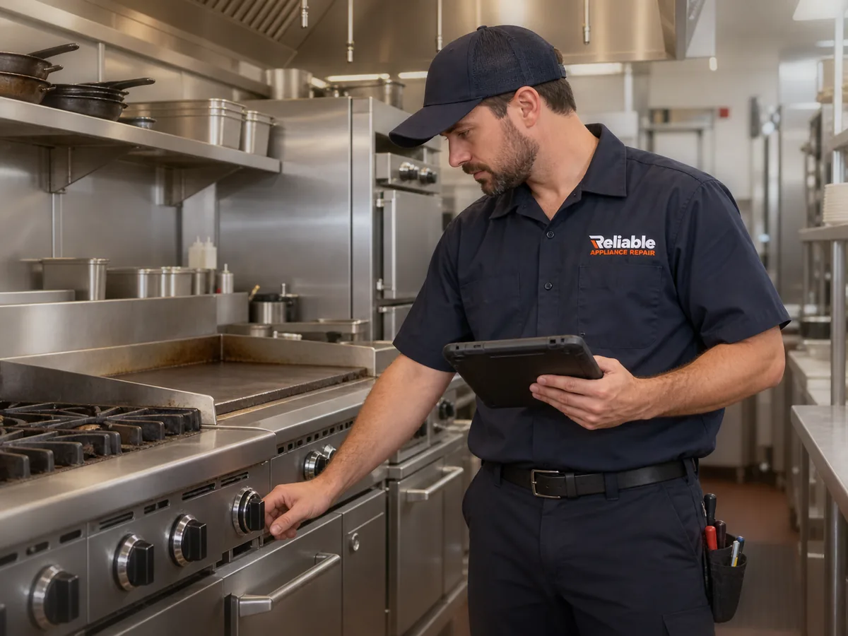Reliable technician inspecting commercial cooking equipment in Atlanta