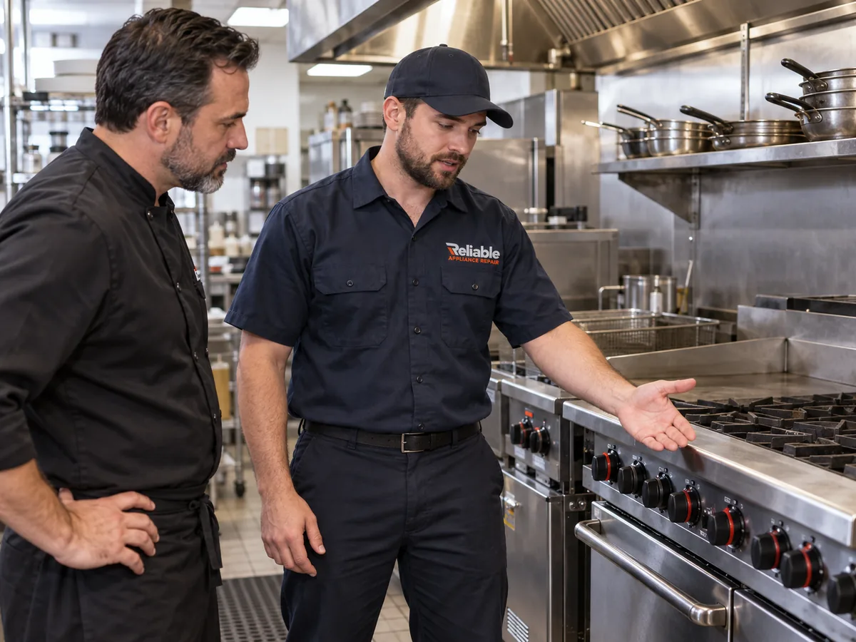 Reliable technician explaining completed commercial cooking equipment service