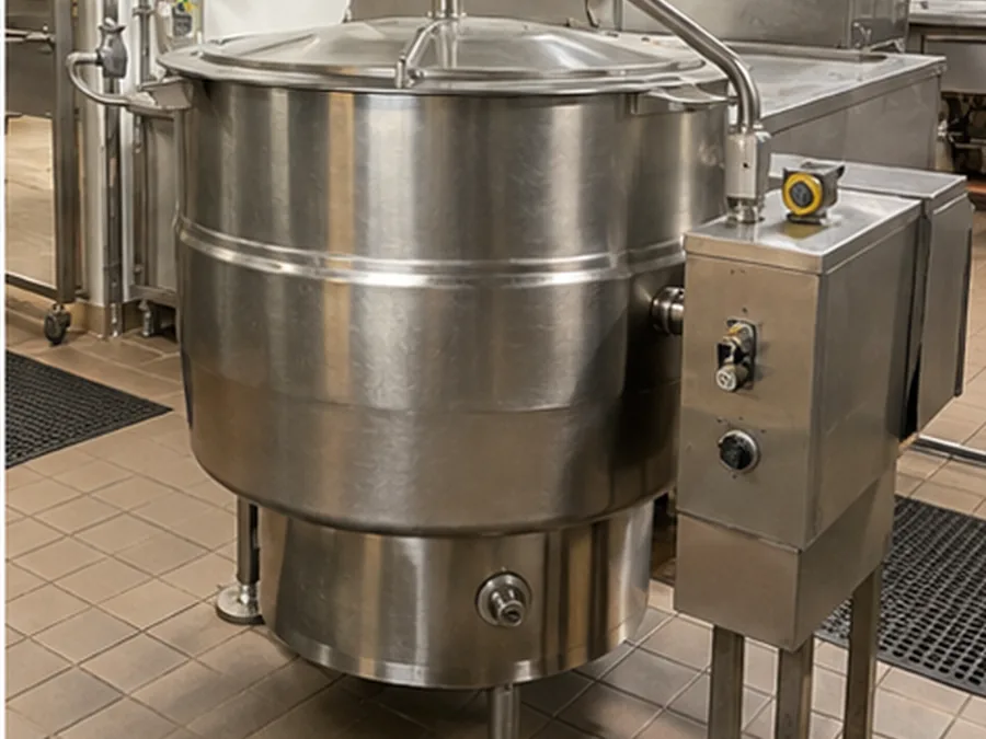 Steam kettle ready after heating repair in an Atlanta commercial kitchen