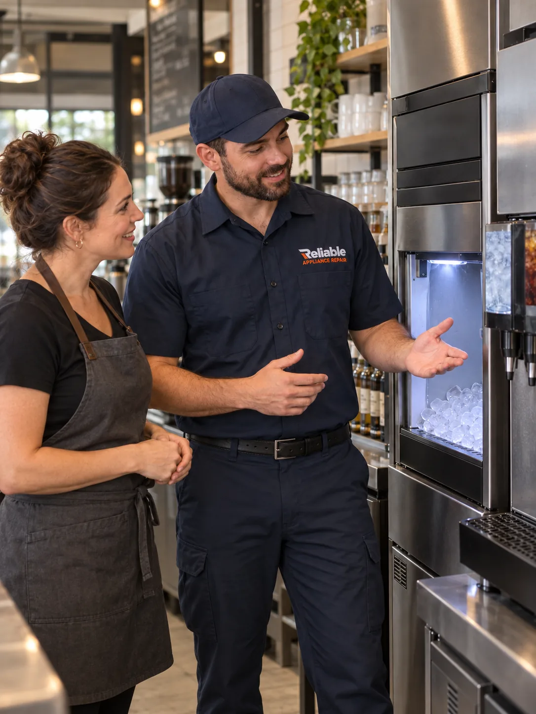 Reliable technician explaining completed commercial ice and beverage equipment service