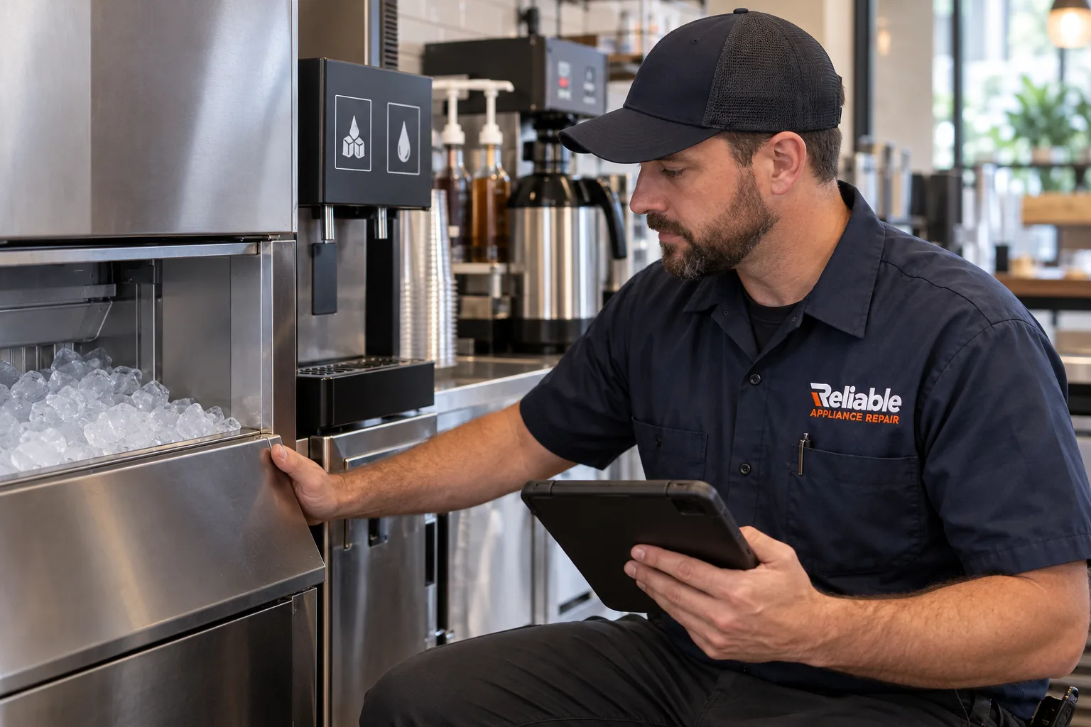 Reliable technician inspecting commercial ice and beverage equipment in Tampa