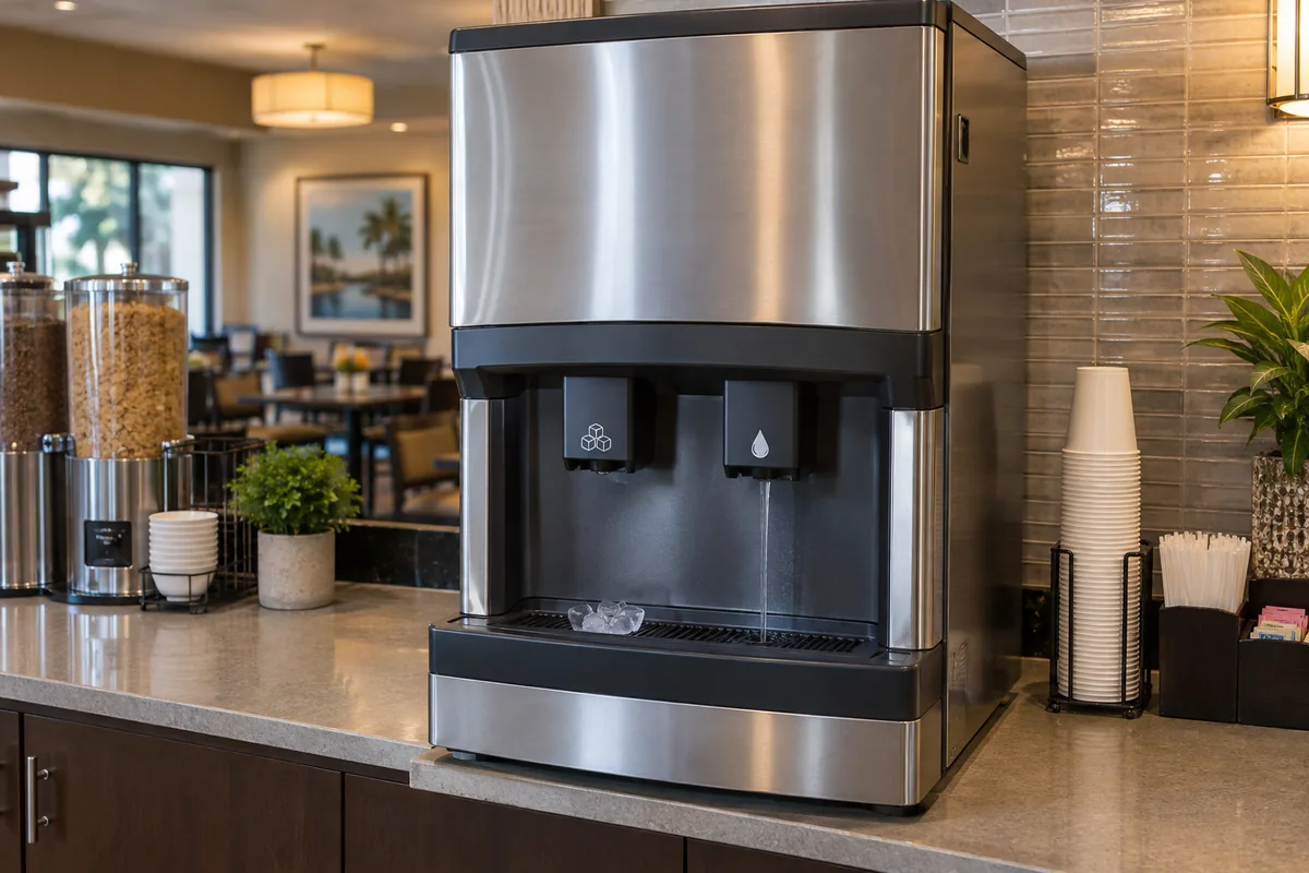 Commercial ice and water dispenser ready after flow service in Tampa