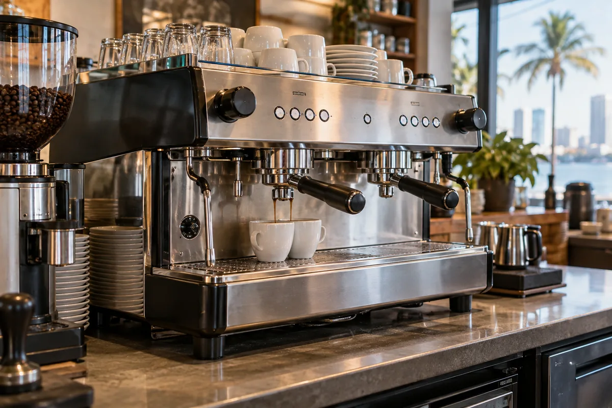 Commercial espresso machine ready after steam pressure service in Tampa