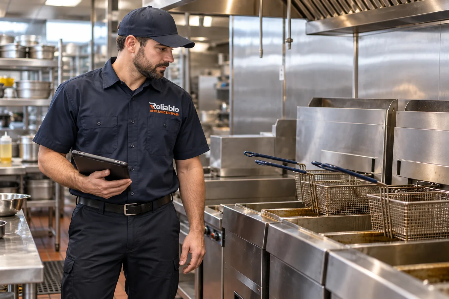 Reliable technician inspecting a commercial fryer in Atlanta