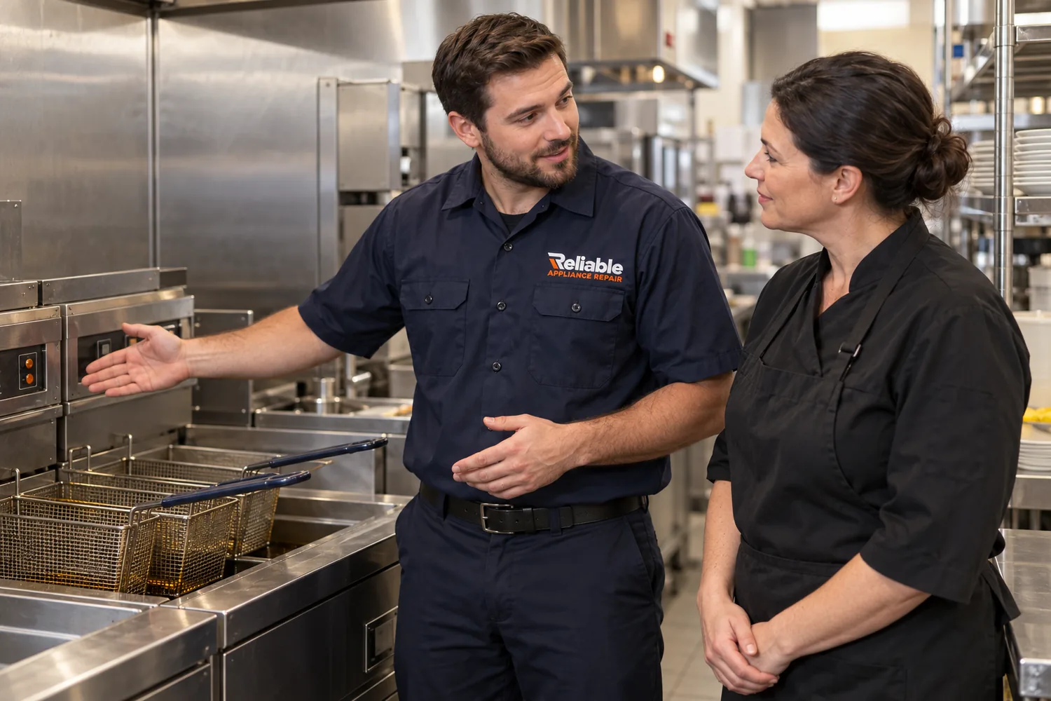 Reliable technician explaining a completed commercial fryer repair