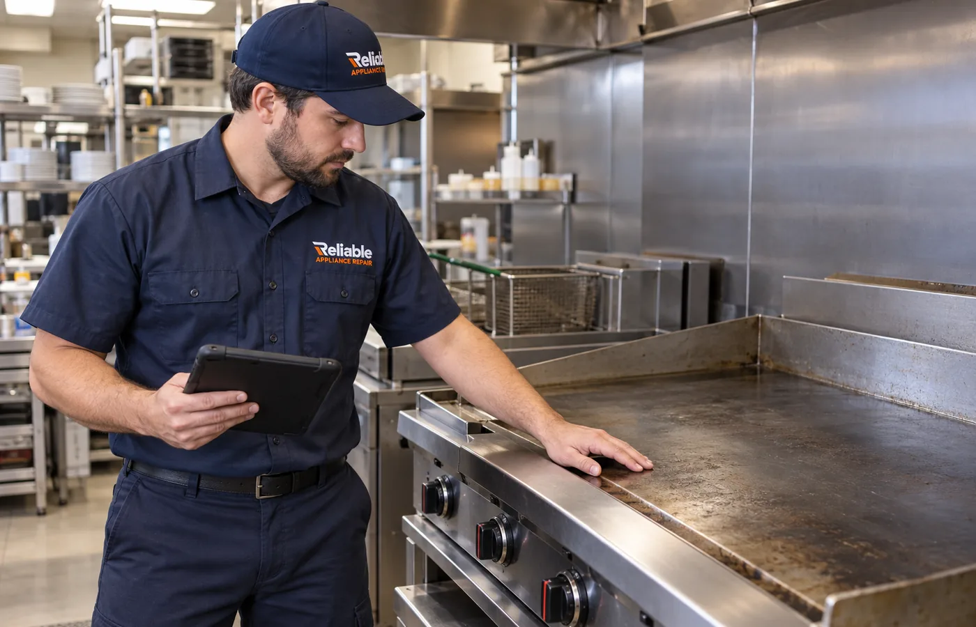 Reliable technician inspecting a commercial flat-top griddle in Atlanta