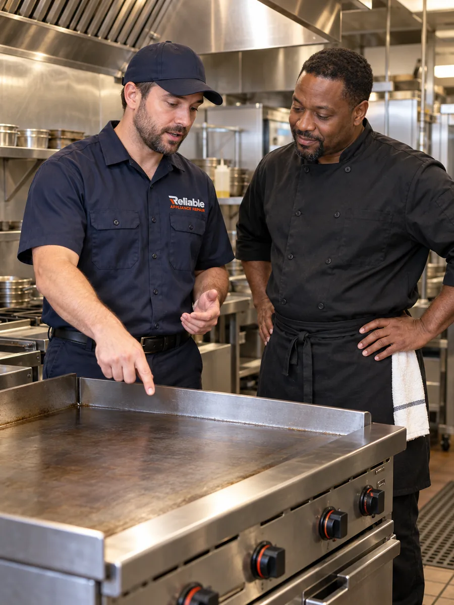 Reliable technician explaining a completed commercial griddle repair