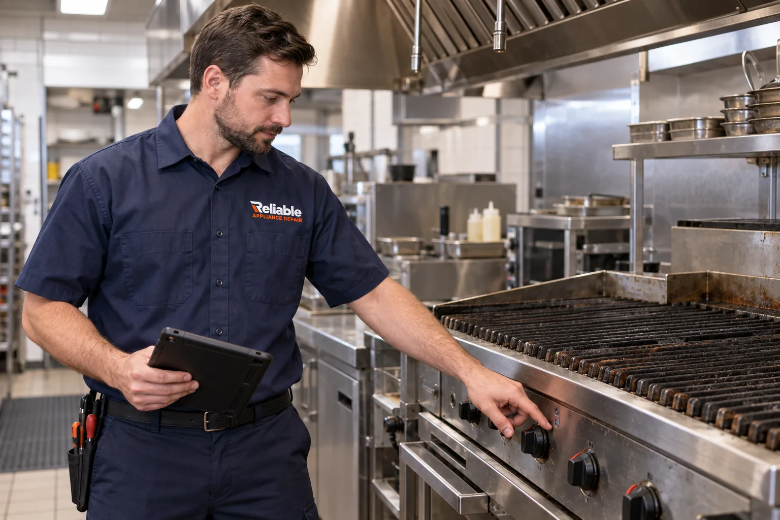 Reliable technician inspecting a commercial charbroiler in Atlanta