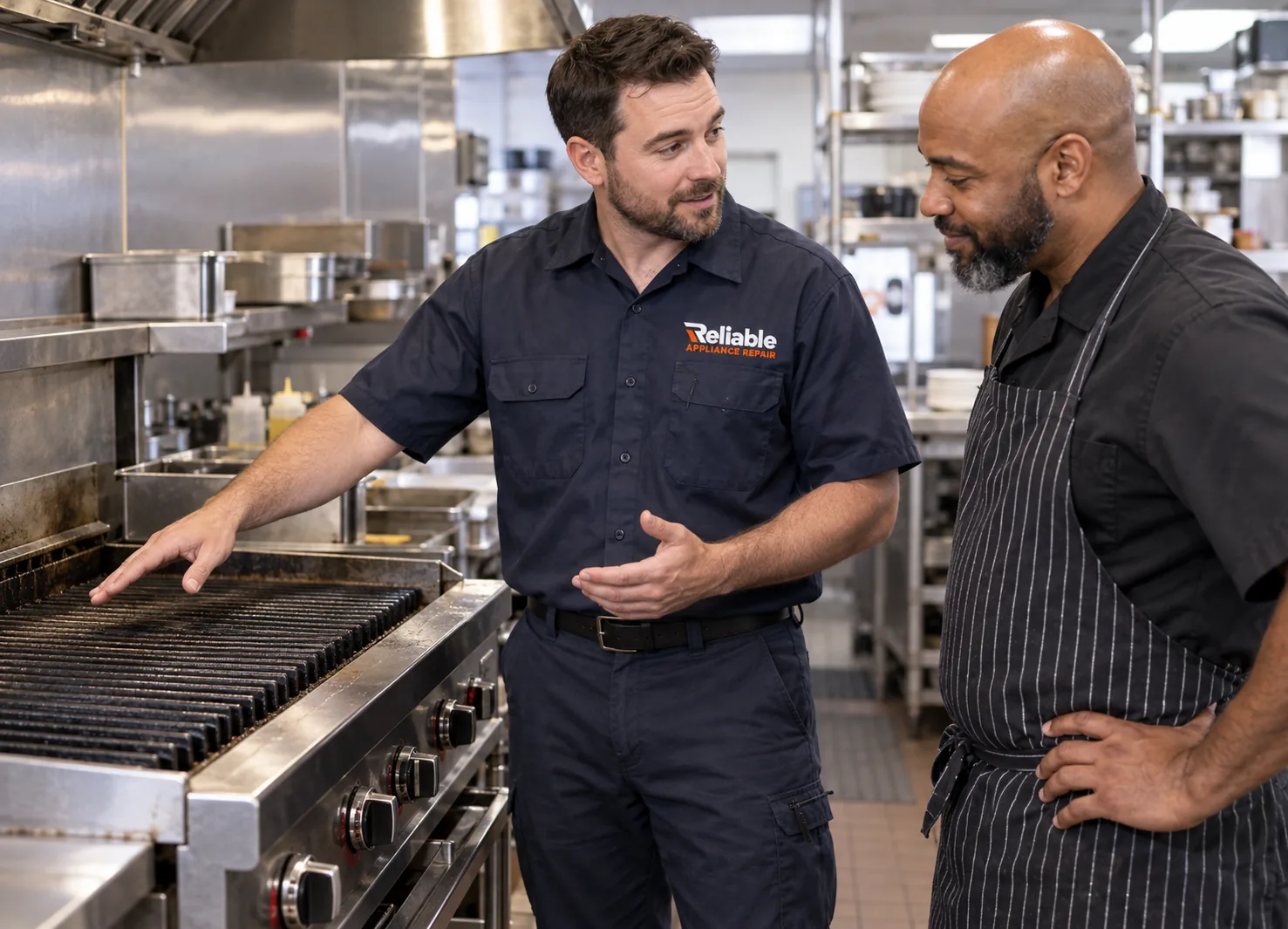 Reliable technician explaining a completed commercial charbroiler repair