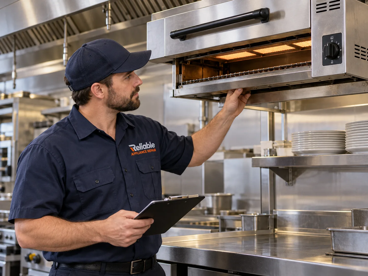 Reliable technician explaining a completed commercial salamander repair