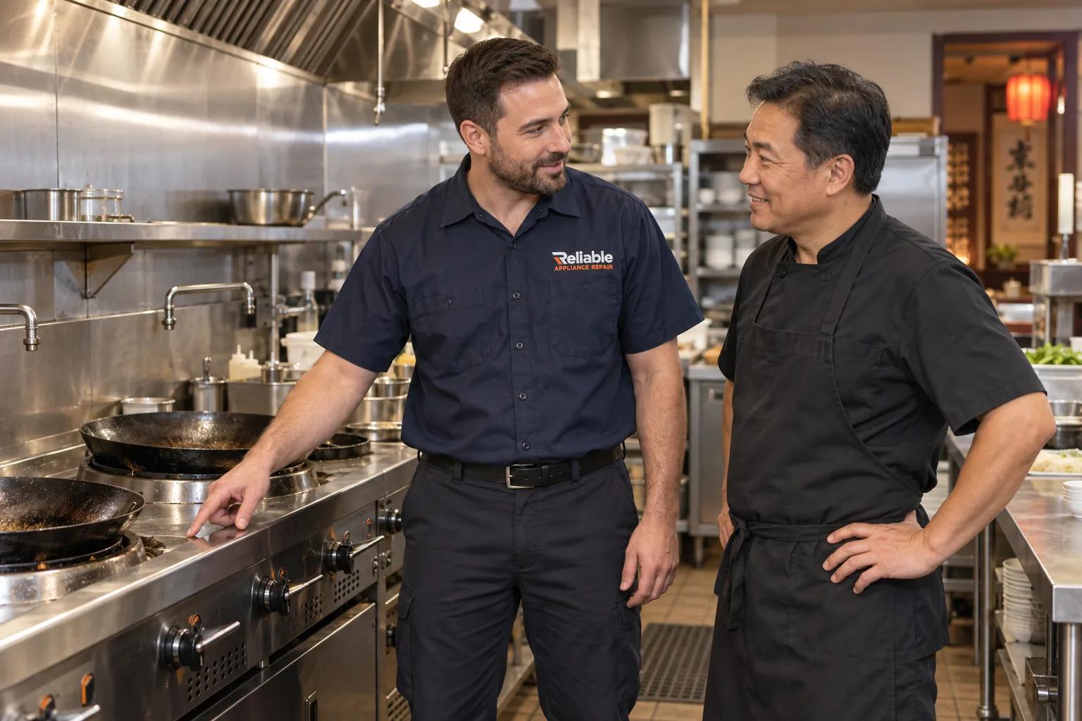 Reliable technician reviewing completed commercial wok range service in Atlanta