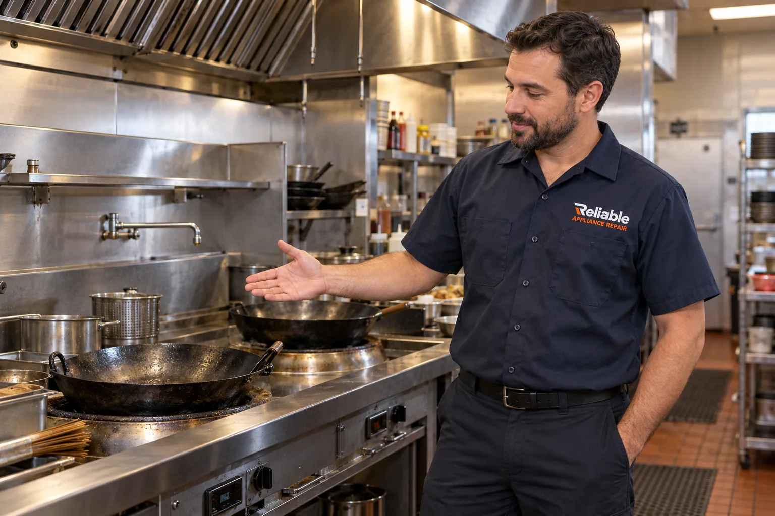 Reliable technician explaining a completed commercial wok range repair