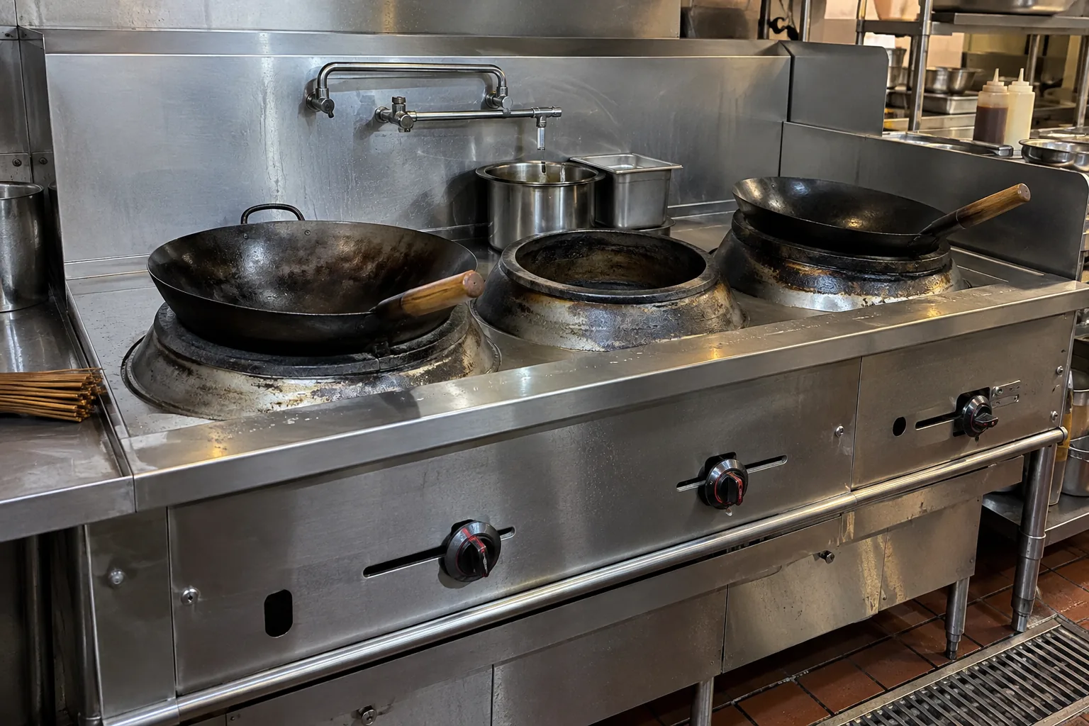Installed commercial wok range ready for use after burner ignition service in Atlanta