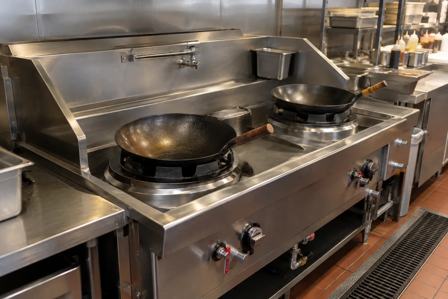 Commercial wok range after pilot system service in an Atlanta restaurant kitchen