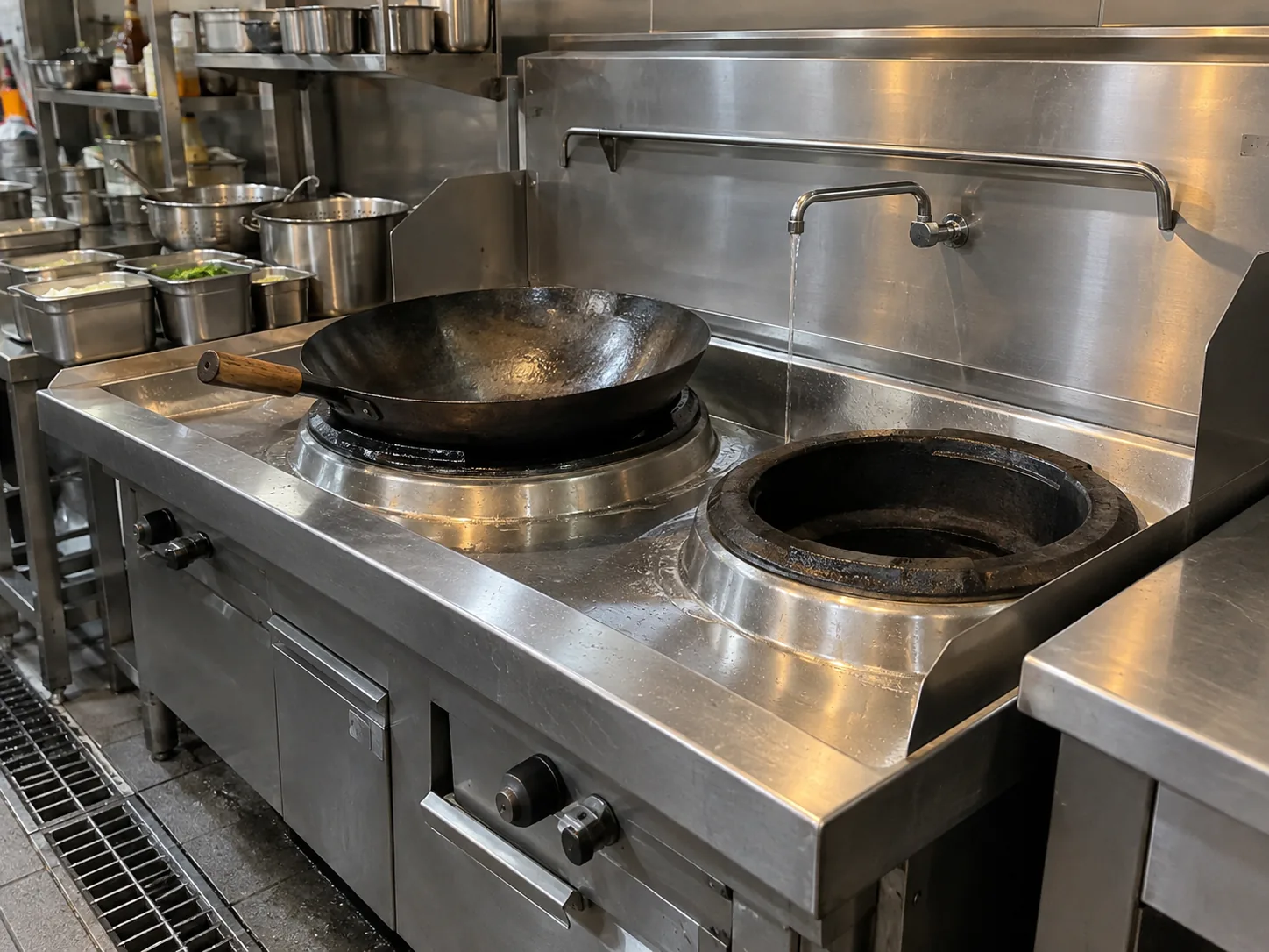 Water-cooled commercial wok station after burner assembly service in Atlanta