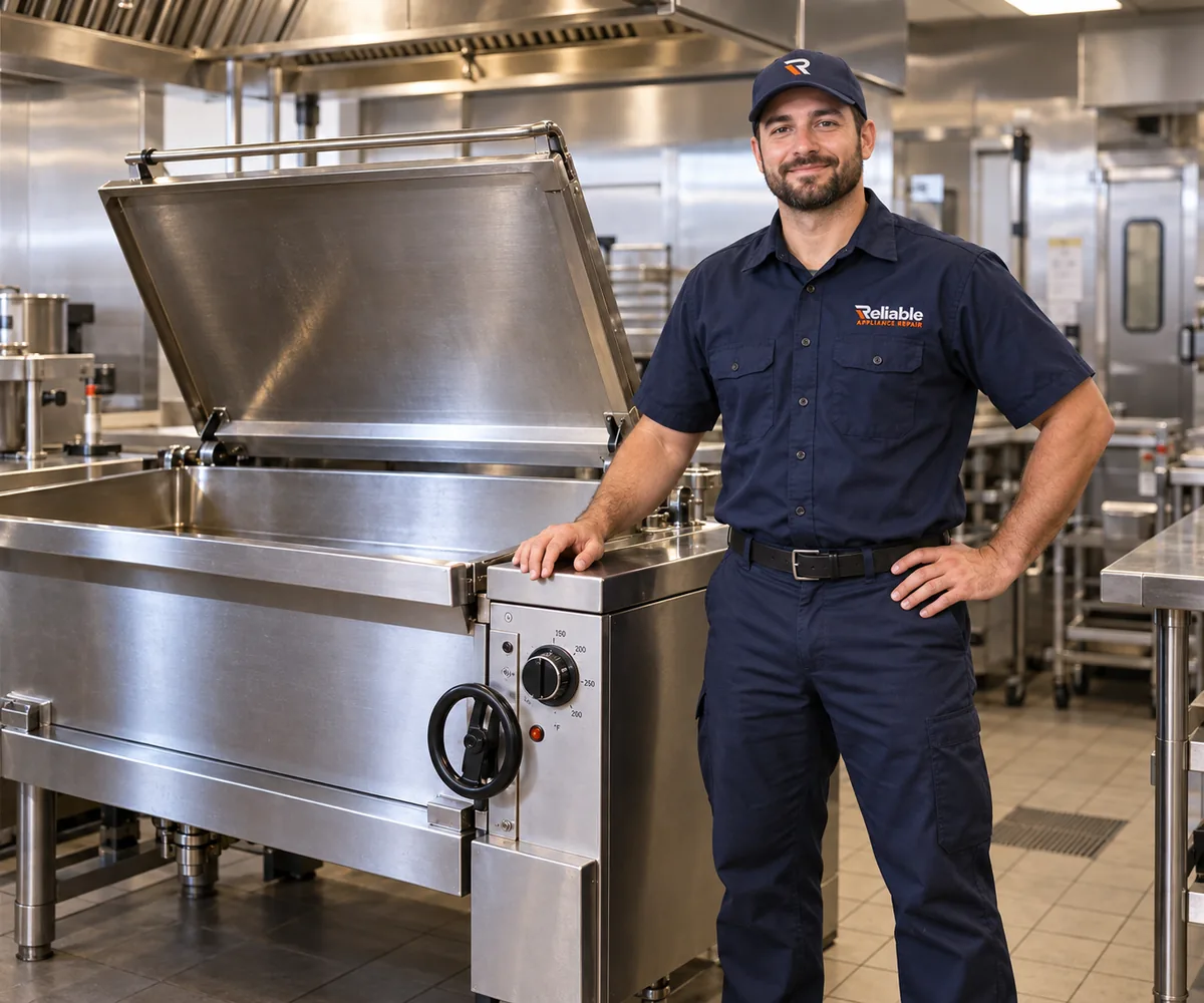 Reliable technician explaining completed commercial tilt skillet and braising pan repair