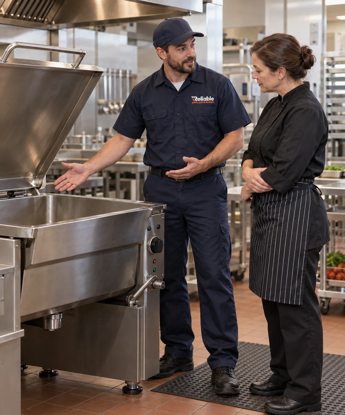 Reliable technician reviewing completed commercial tilt skillet and braising pan service in Atlanta