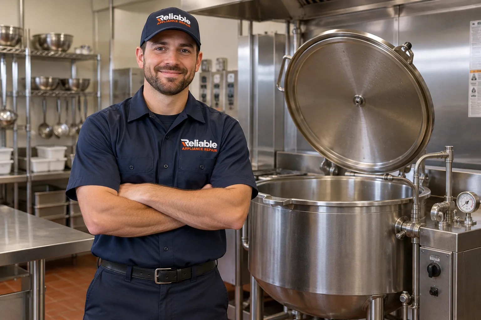 Reliable technician explaining completed commercial steam kettle repair