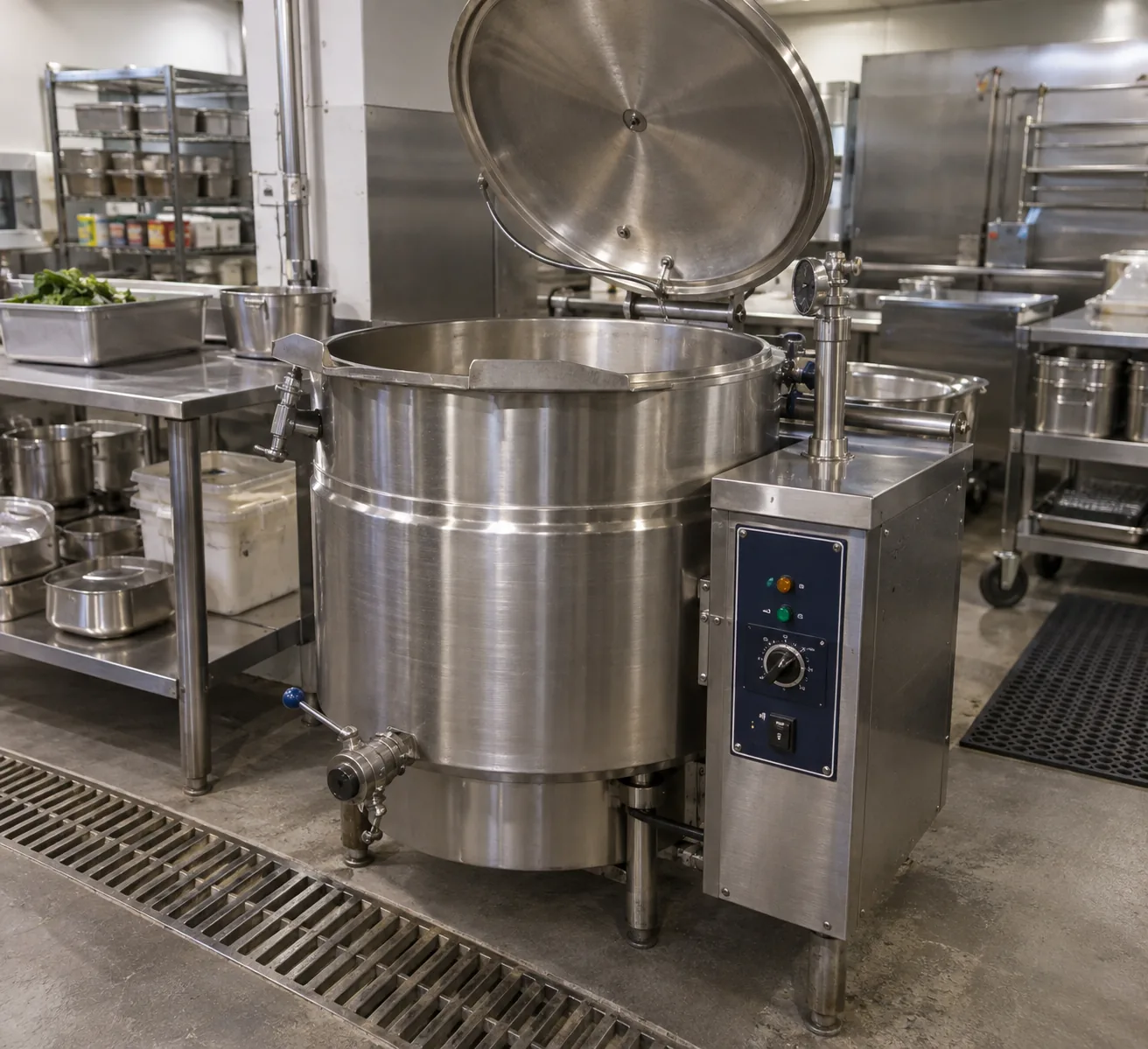 Commercial steam kettle after control system repair in an Atlanta-area kitchen