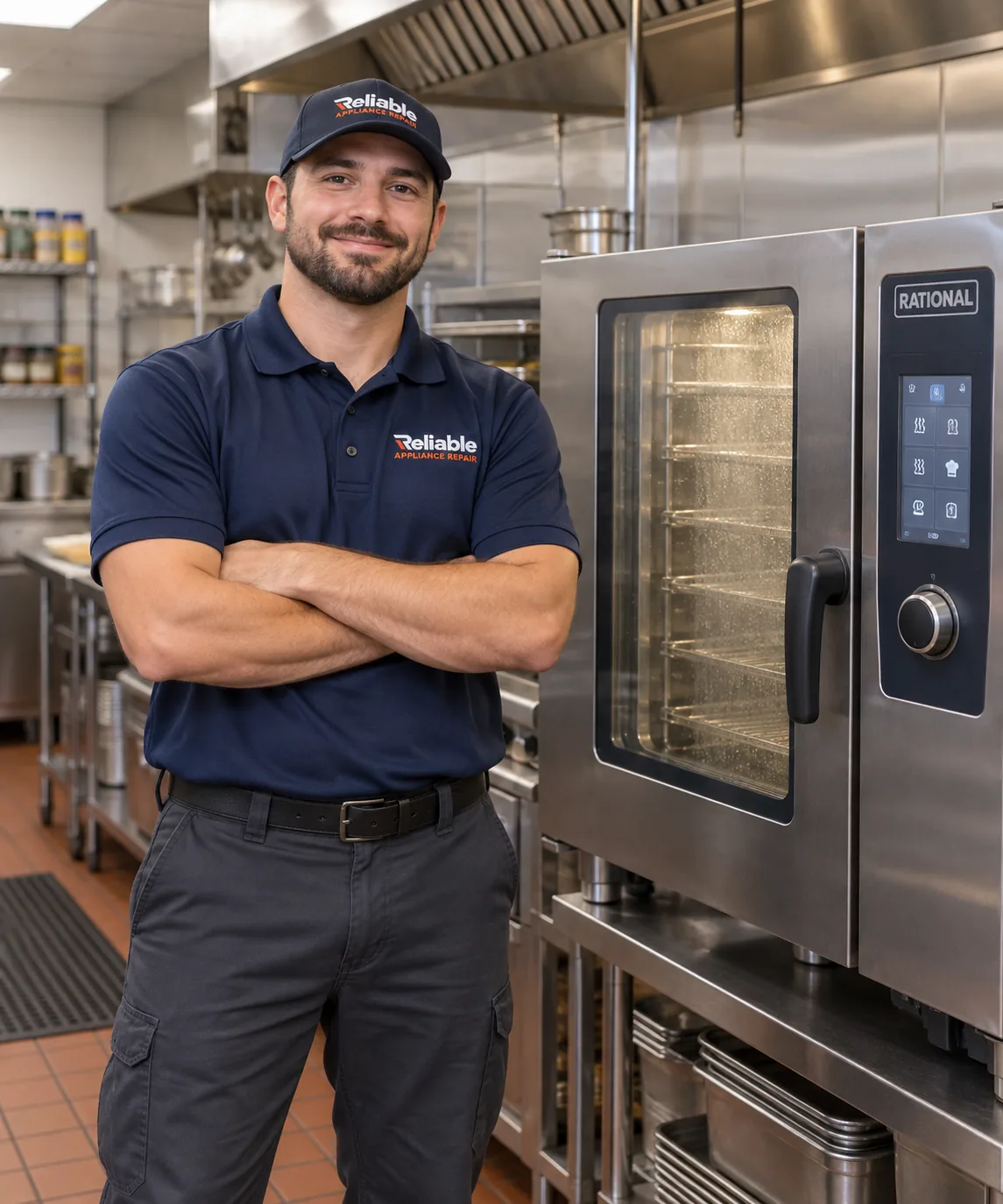 Reliable technician explaining completed commercial steamer repair