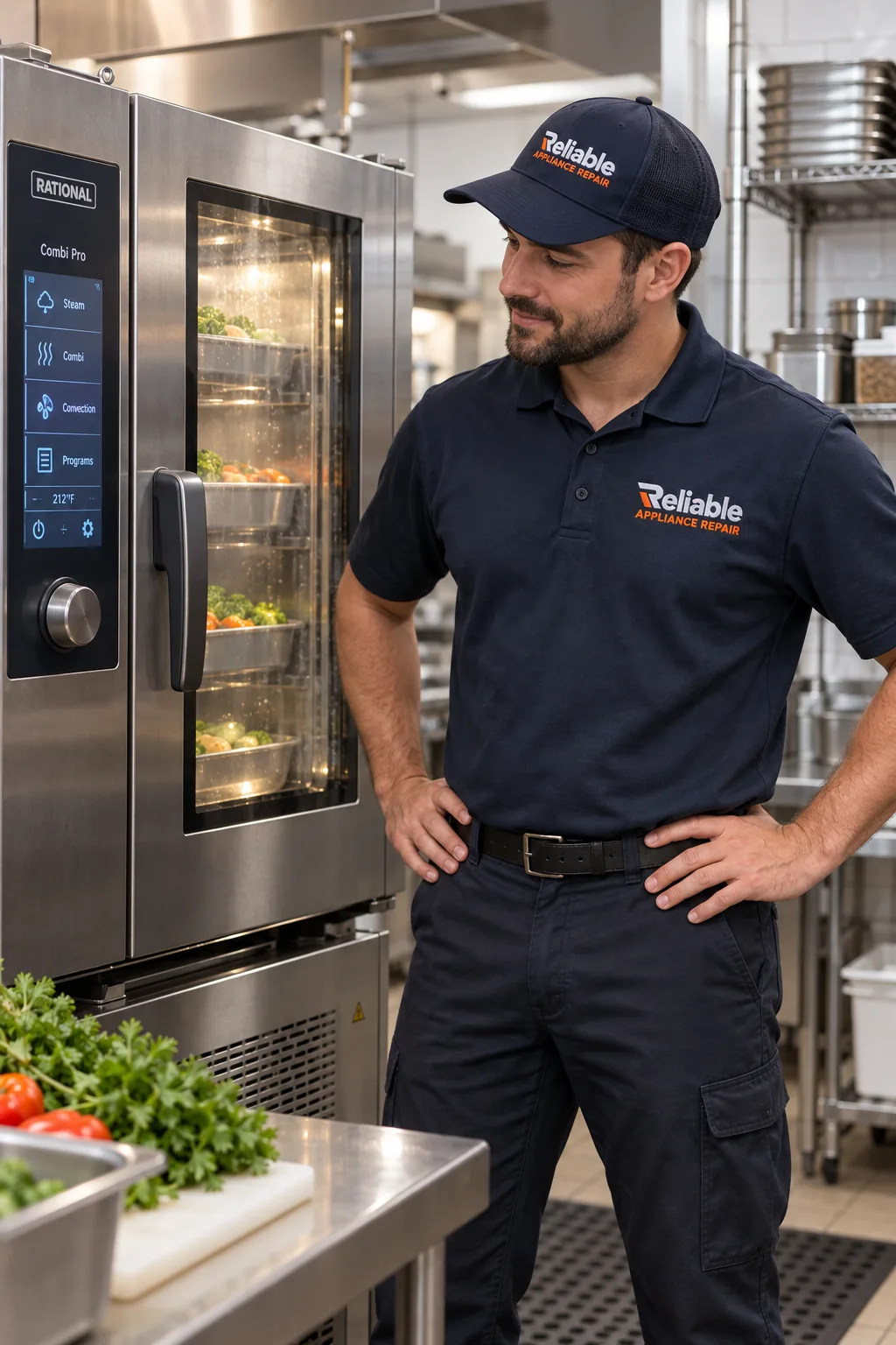 Reliable technician reviewing completed commercial steamer service in Atlanta