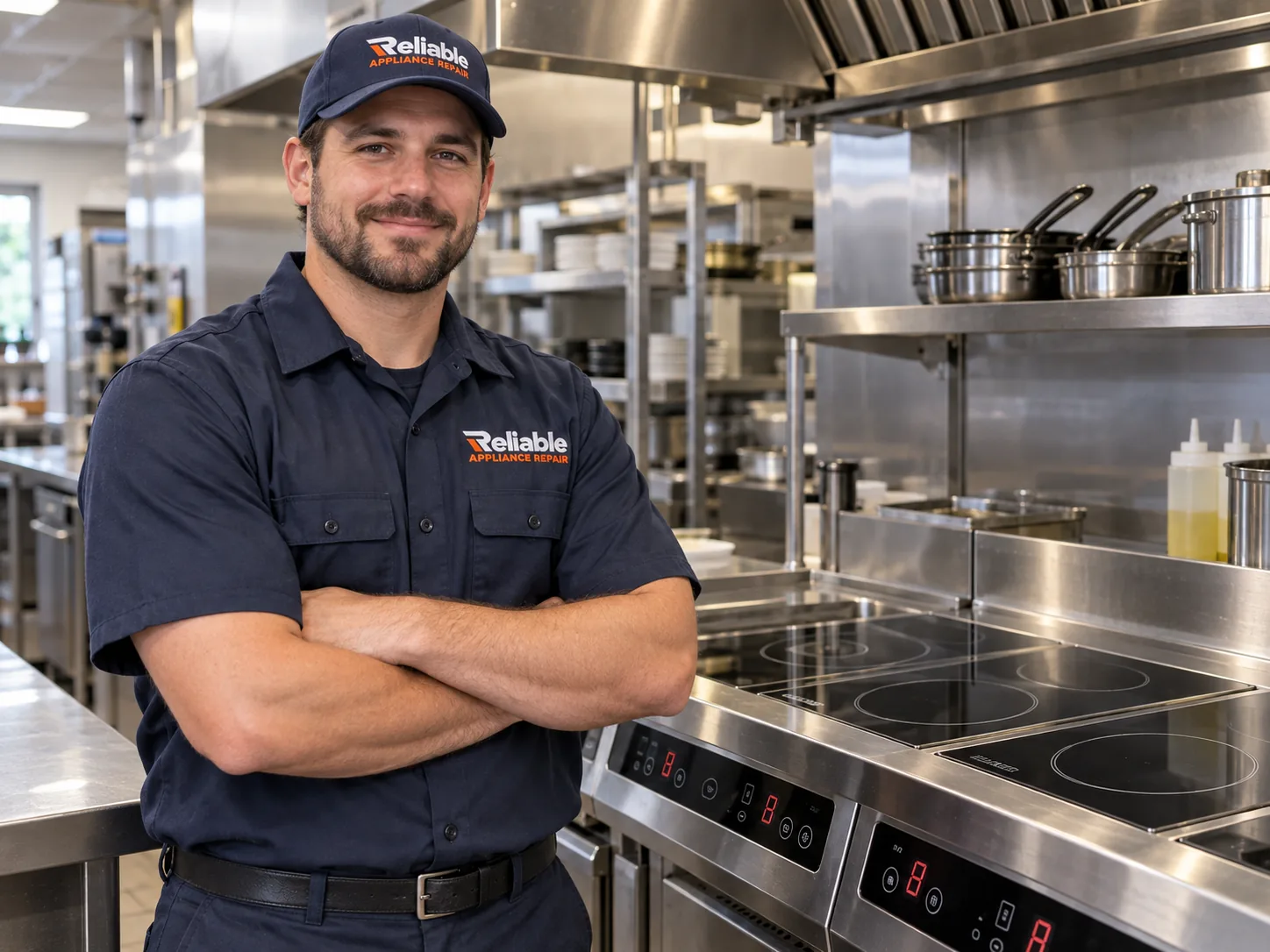 Reliable technician reviewing completed commercial induction cooker service in Atlanta