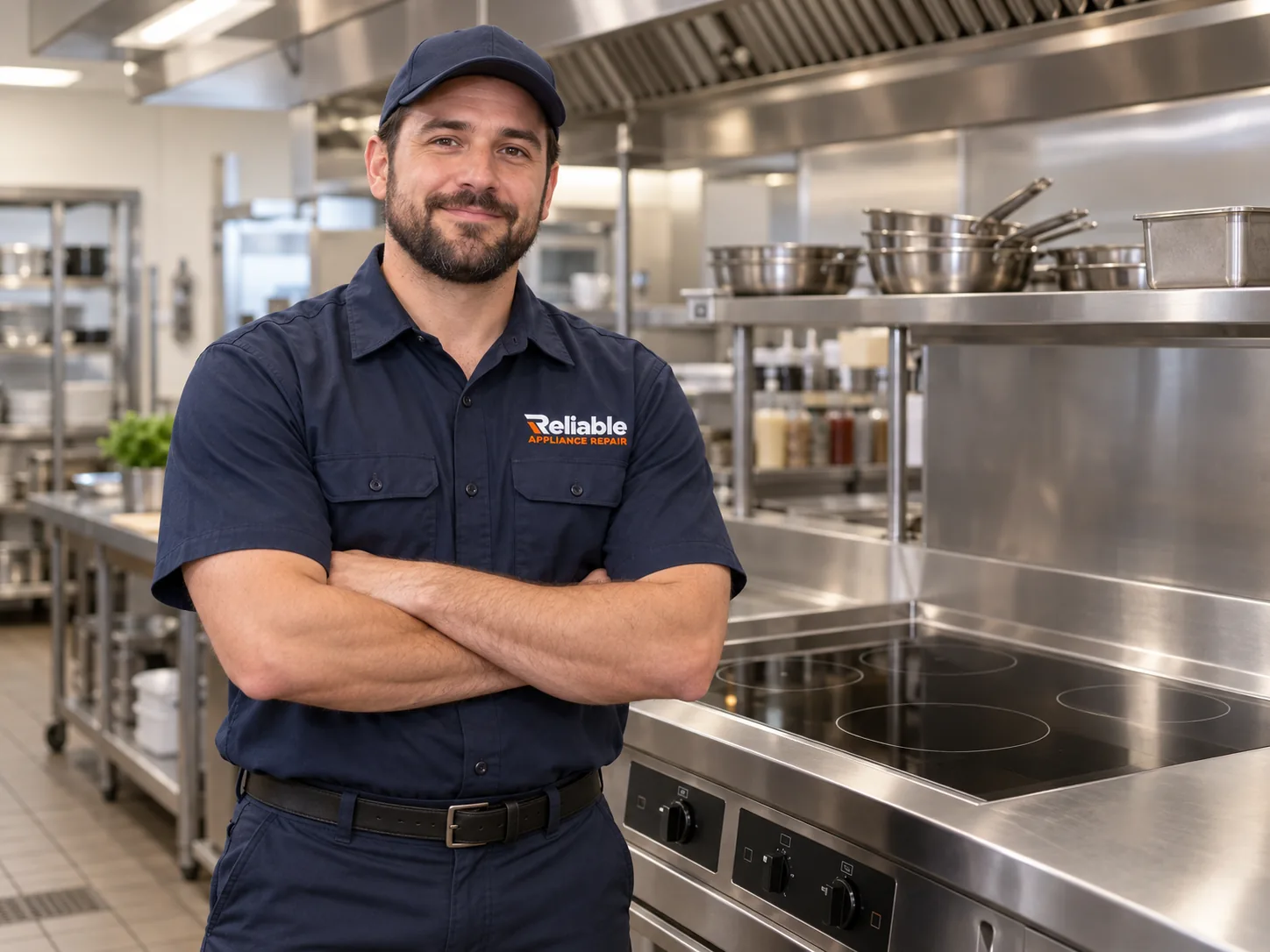 Reliable technician explaining completed commercial induction cooker repair