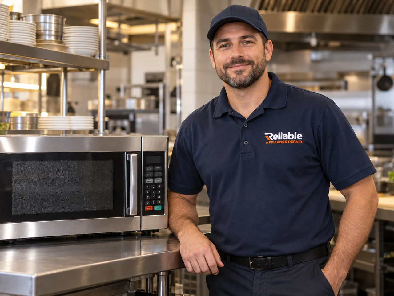 Reliable technician reviewing completed commercial microwave service in Atlanta