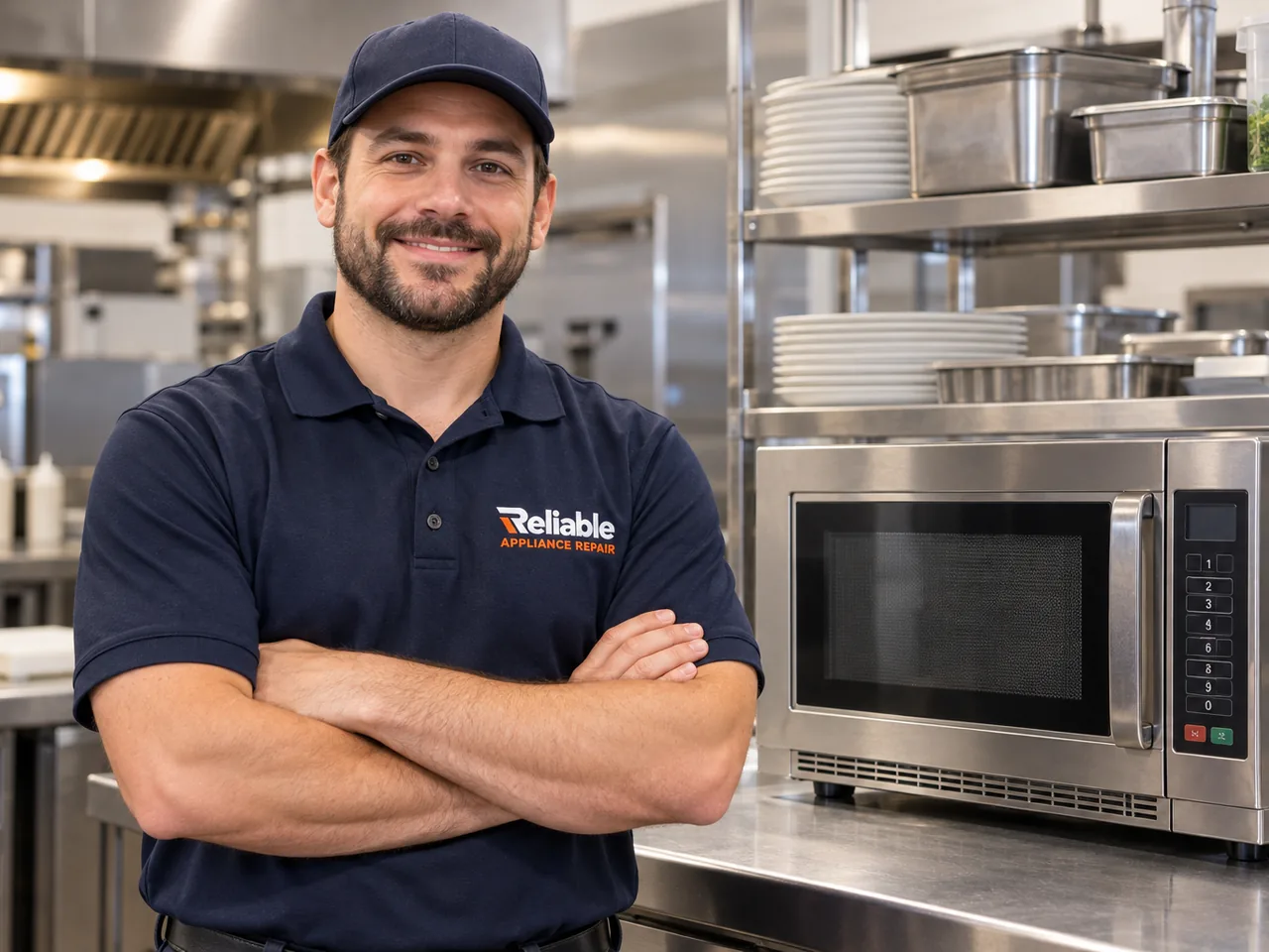 Reliable technician explaining completed commercial microwave repair
