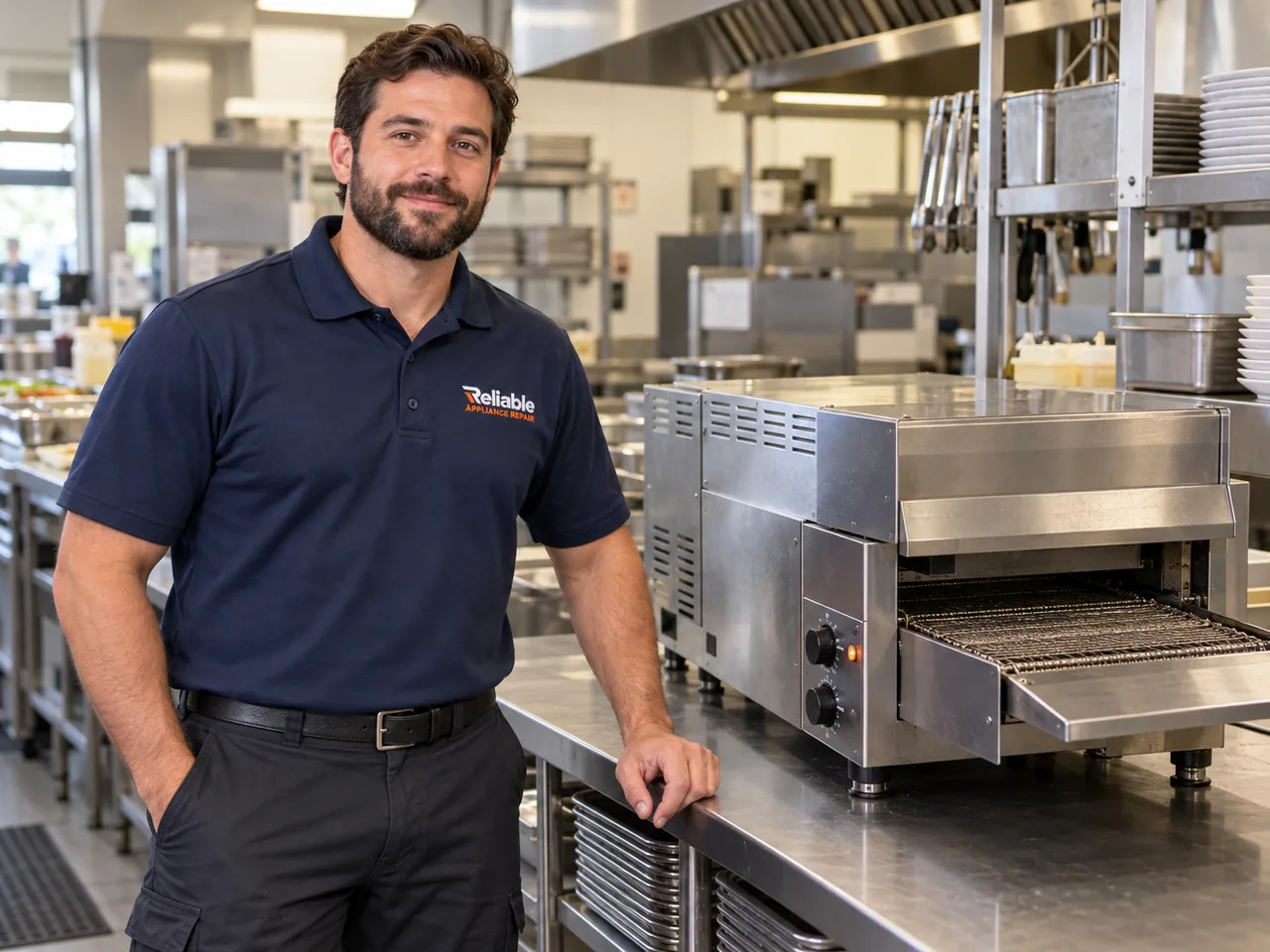 Reliable technician beside a commercial conveyor toaster in an Atlanta kitchen
