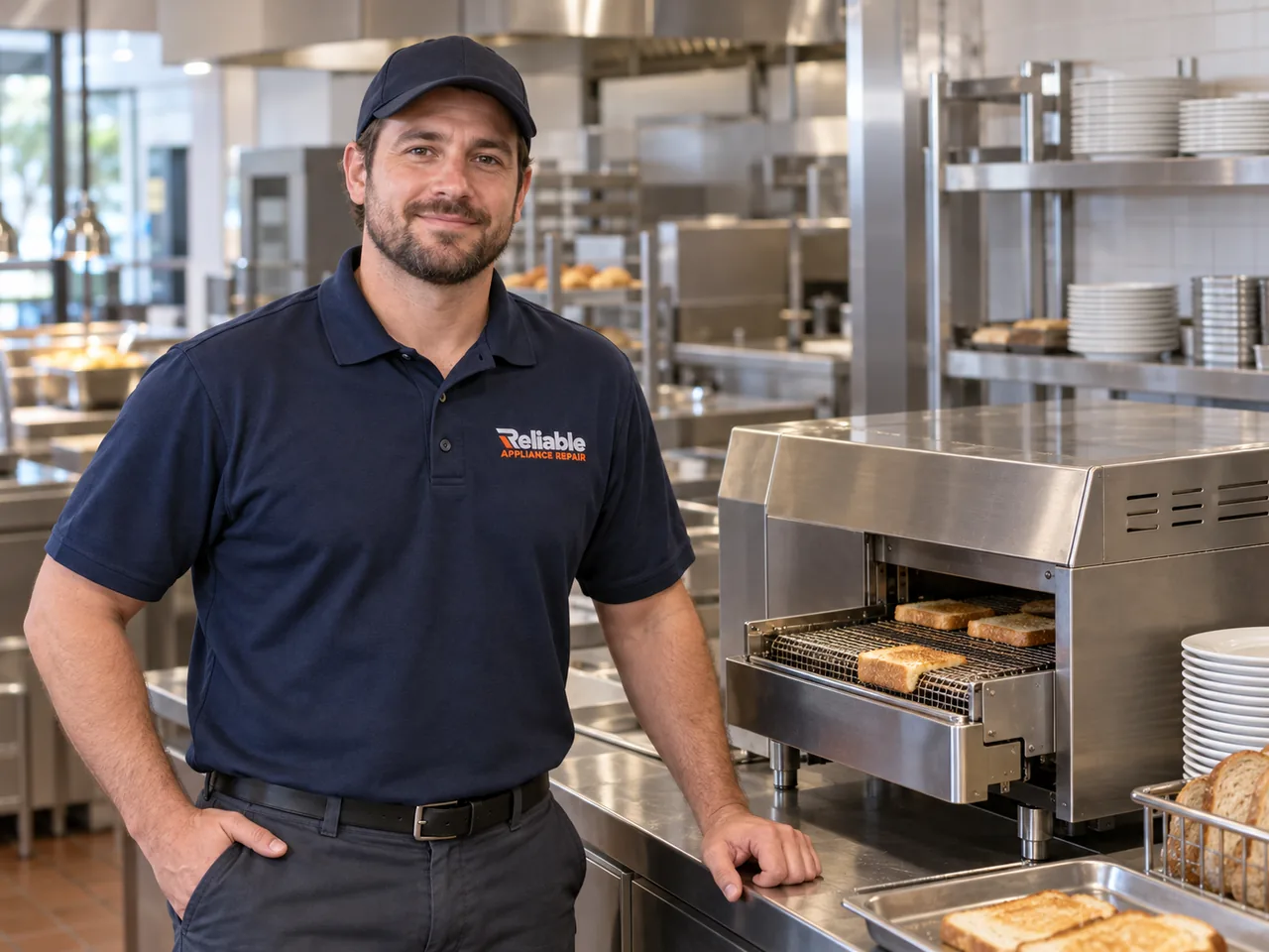 Reliable technician explaining completed commercial conveyor toaster repair