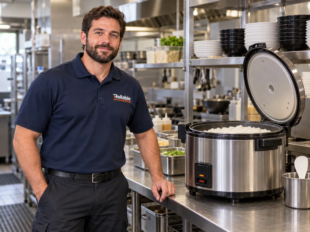 Reliable technician beside a commercial rice cooker in an Atlanta kitchen
