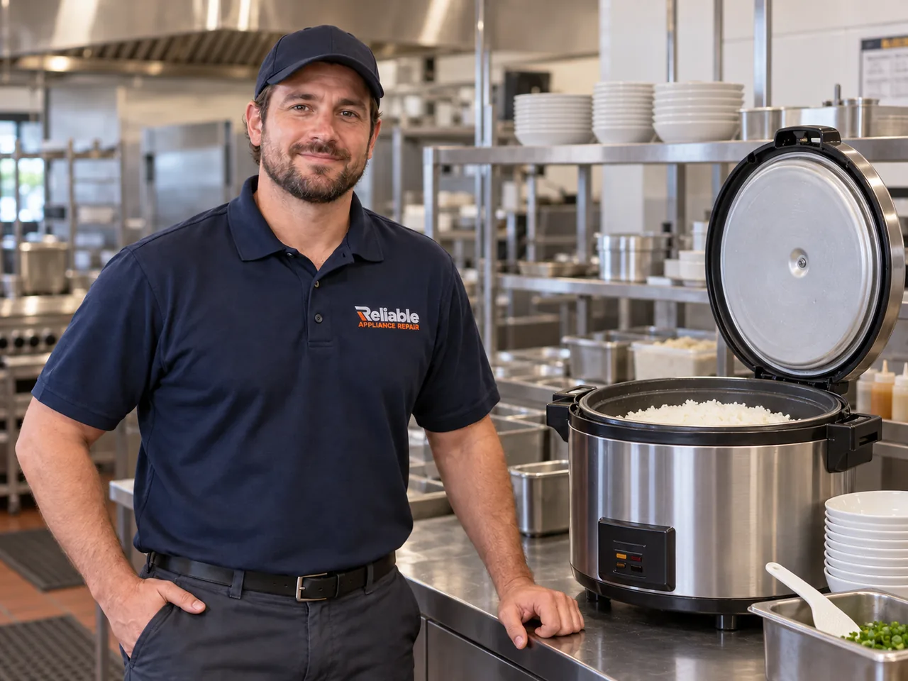 Reliable technician explaining completed commercial rice cooker repair
