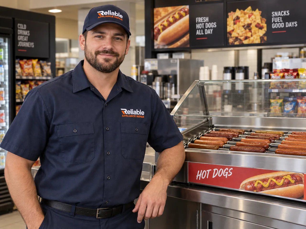Reliable technician beside a commercial roller grill in an Atlanta food-service kitchen
