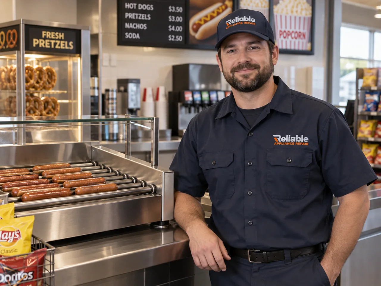 Reliable technician explaining completed commercial roller grill repair