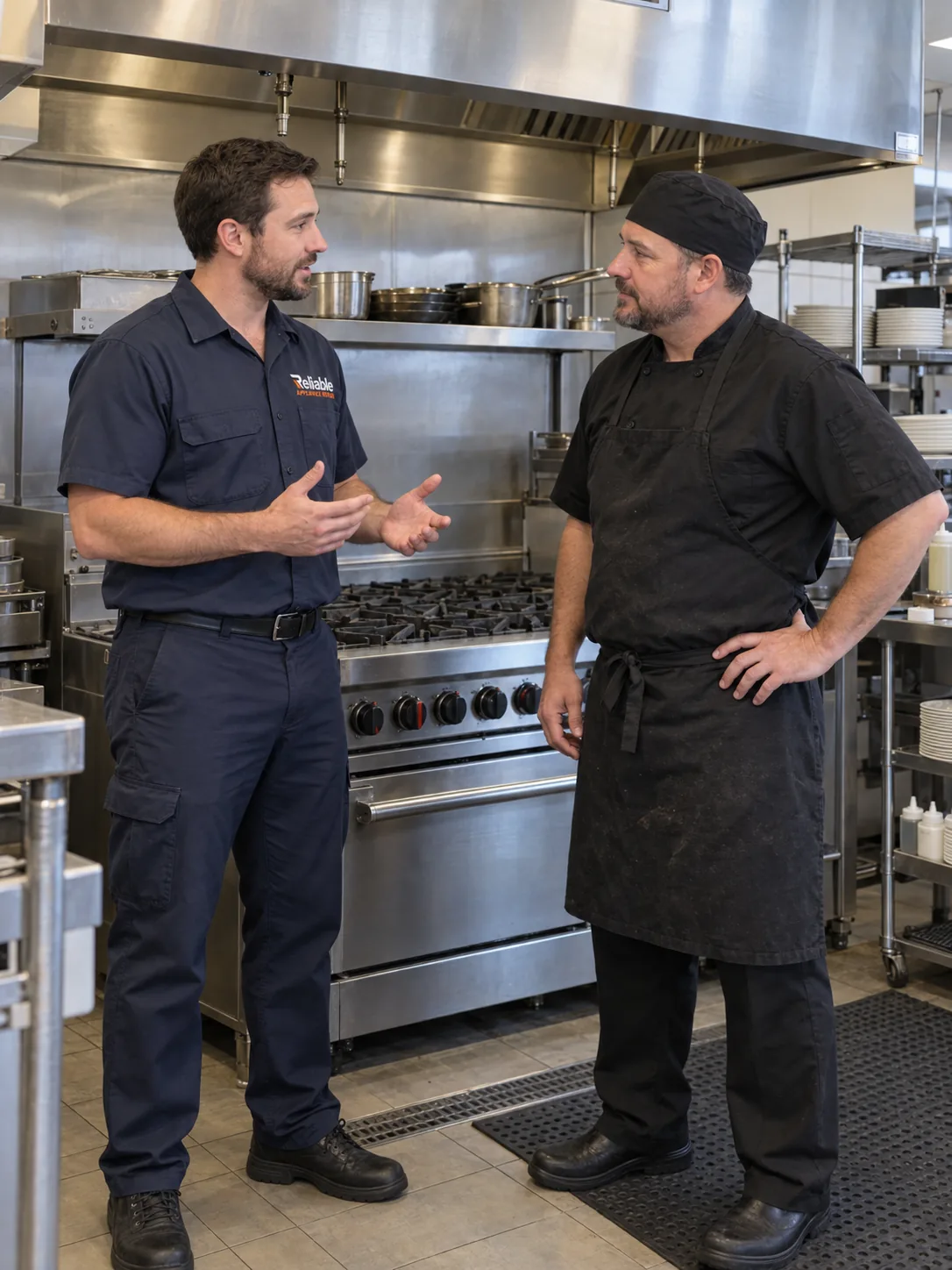 Reliable technician explaining commercial range repair options